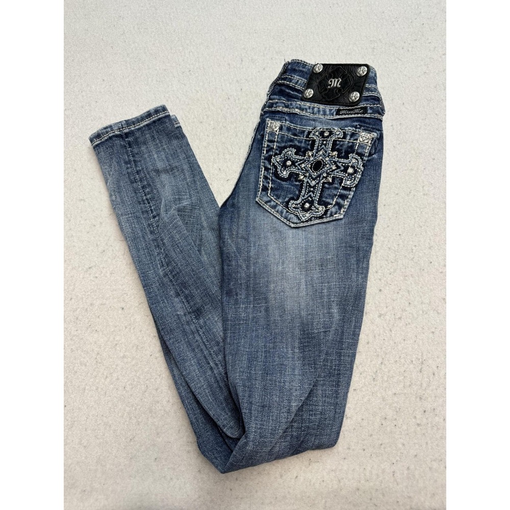 Miss Me Jeans Womens 24 Blue Low Rise Signature Skinny Embroidered Rhinestone